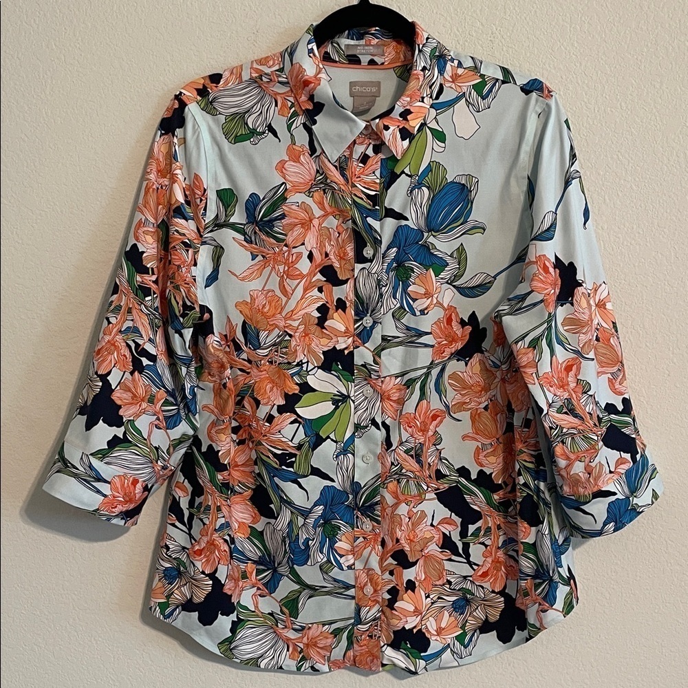 Chico's Women Floral Button Down Shirt Size 12/14 Cotton Contemporary Colorful